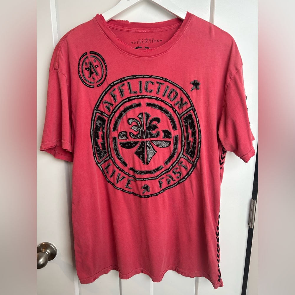 Affliction XL Embroidered 3D Graphic Tee Shirt Grunge Distressed Y2K Style
